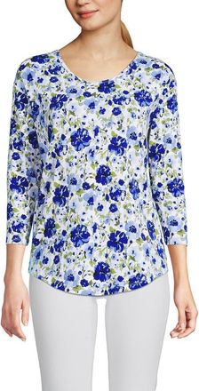 Lands End 3/4 Sleeve Lightweight Jersey U-Neck Tunic in Clear Blue Painted Blooms at Nordstrom, Size X-Small P