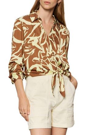 Sanctuary Lover Print Tie Hem Crop Sateen Shirt in Lemon Root Brown at Nordstrom, Size X-Large