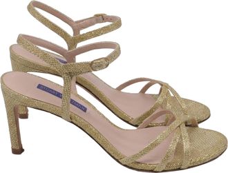 Stuart Weitzman Starla 80 Ankle Strap Sandals in Gold Glitter