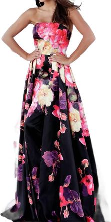 Jovani Floral Print Pleated Skirt Strapless Prom Dress