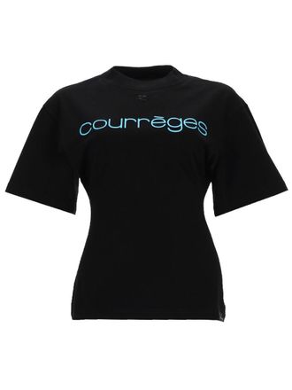Courr&egrave;ges Black Light Blue Logo Fitted T-Shirt
