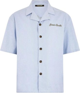 Roberto Cavalli Gestreept Shirt met Geborduurd Logo - Heren - Korte mouwen Overhemden - Blauw - L - Overhemden