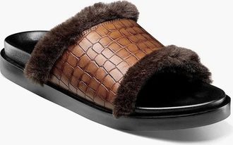Stacy Adams Monty 25560-221 Sandal Mens Cognac Faux Fur Slide JOBB2255