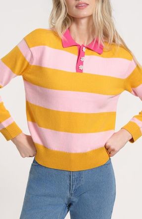Isaac Mizrahi New York Floral Button Rugby Sweater in Yellow Pink at Nordstrom, Size X-Large