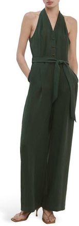 Mango Halter Neck Belted Jumpsuit in Khaki Green at Nordstrom, Size X-Small