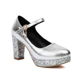 Generic Womens Mary Jane Pumps Metallic Upper Glitter Block Heel Platform Sole Adjustable Ankle Strap Crystal Charm Round Toe Cushioned Insole Durable Shiny S