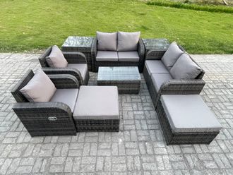 Fimous High Back Rattan Garden Furniture Set with Loveseat Sofa Coffee Table 2 Side Tables 2 Big Footstool Indoor Outdoor Patio Lounge Sofa Set