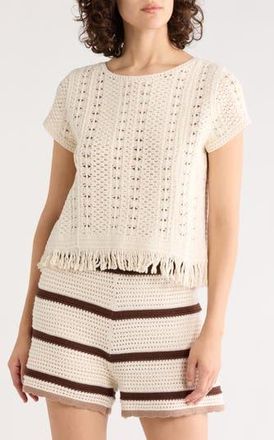 Adrianna Papell Open Knit Fringe Trim Top in Cream at Nordstrom Rack, Size X-Small