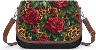 Generic Red Roses And Leopard Crossbody Bags for Women Fashion Leather Shoulder Handbags With Adjustable Strap