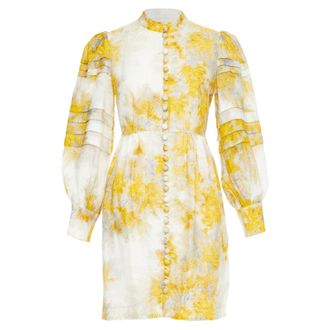 Zimmermann 2021 Botanica yellow grey linen Wattle floral puff sleeve dress Sz1 S