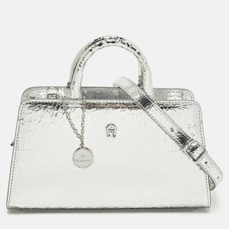 Aigner Cybill Stretch S Mini Silver Crackled Leather Satchel