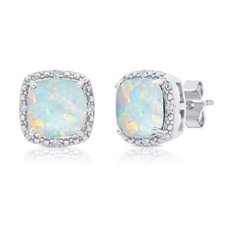 MAX + STONE Sterling Silver 7mm Cushion Cut Gemstone Stud Earrings with Diamond Accent Halo