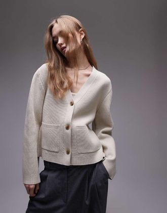 Arket knit compact Milano stich cardigan with pockets in beige-Neutral