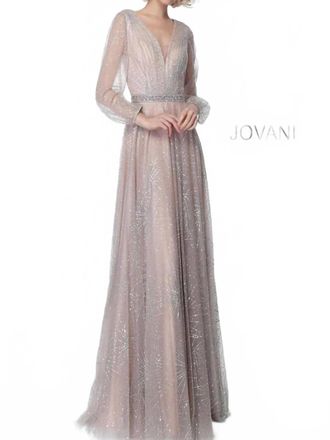 Jovani Glitter Long Sleeve Dress In Blush
