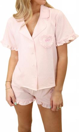Peach Love California Womens Pinstripe Ruffle Shorty Pajamas Set In Pink Stripe