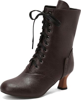 Generic Eestfy Womens Victorian Style Mid Calf Leather Lace Up Boots Kitten Heel Steampunk Party Dress Boots,Dark Brown,4.5 UK