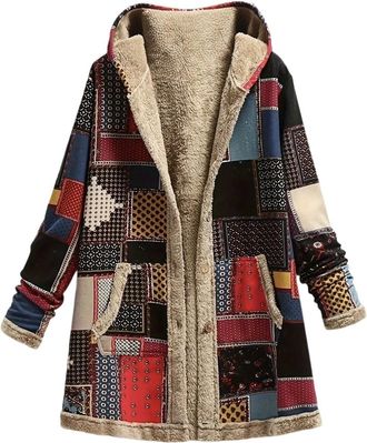 Generic Chunky Cardigans For Women Uk Patchwork Print Fleece Lined Jacket Thermal Lounge Wear Hooded Coat Boho Style Long Sleeve Button Front Ladies Long Card