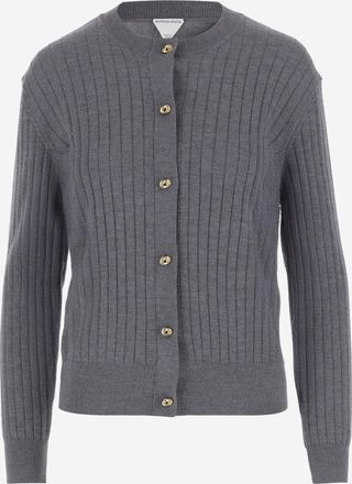 Bottega Veneta Womens Ribbed Wool Cardigan Grey Sweater