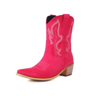 Generic Womens Western Cowboy Boots in Suede Fabric with Rhinestone Embroidery Pointed Toe Block Heels Vibrant Color Soft Inner Lining Durable Non-Slip Outsol