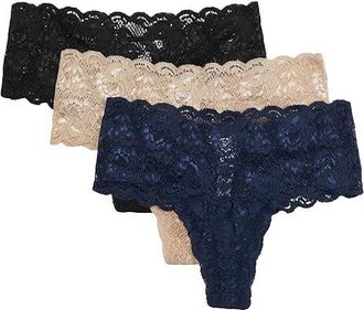 Cosabella Never Say Never Comfie Cutie Thong 3-Pack Womens Underwear Black/Navy Blue/Sette : MD/LG, Lace/Polyamide/Elastane