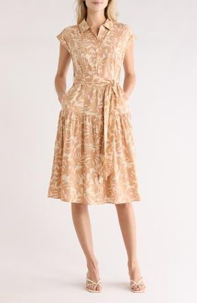 Lucky Brand Cap Sleeve Tie Waist Shirtdress in Tan Tropic at Nordstrom Rack, Size Small
