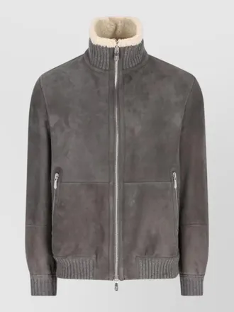 Brunello Cucinelli silk nylon short coat shearling collar ribbed