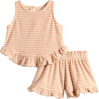 Rylee + Cru Kids Faye Stripe Ruffle Trim Tank & Shorts Set (Baby in Pink at Nordstrom, Size 18-24M