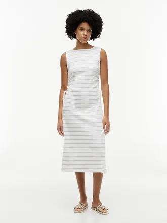 Tommy Hilfiger Womens Sleeveless Side-Tie Boatneck Midi Dress - Navy Blue / Ecru Stripe - XS