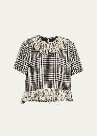 Liberowe Houndstooth Check Tweed Fringed Short-Sleeve Top