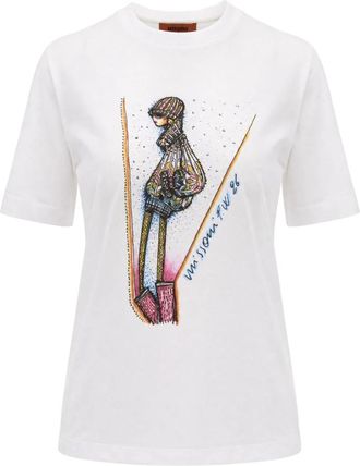 Missoni Bedruikt Katoenen Jersey T-shirt met Ronde Hals - Dames - T-shirts - Wit - L - Katoen - Tops
