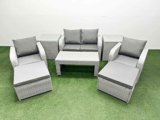 Fimous Light Grey PE Wicker Rattan Garden Furniture Set Sofa Set Reclining Adjustable Chair Oblong Coffee Table 6 Seater 2 Big Stools 2 Side Table