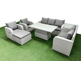 Fimous PE Rattan Garden Furniture Set Reclining Chair Sofa Double Love Seat 2 Seater Sofa Lounge Set Adjustable Lifting Dining or Coffee Table Big