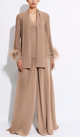 Sally Lapointe Lightweight Georgette Scarf Top With Feathers in Oat at Nordstrom, Size X-Small