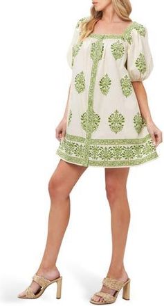Flying Tomato Puff Sleeve Button Front Cotton Minidress in Ivory Green at Nordstrom Rack, Size Medium