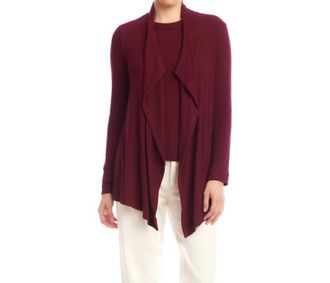 Karen Kane Long Sleeve Ribbed Drape Front Cardigan - Petite In Wine