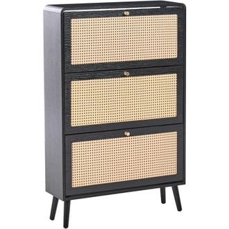 Beliani Scarpiera a 3 scomparti in legno MDF melaminico e rattan PE nero Moura