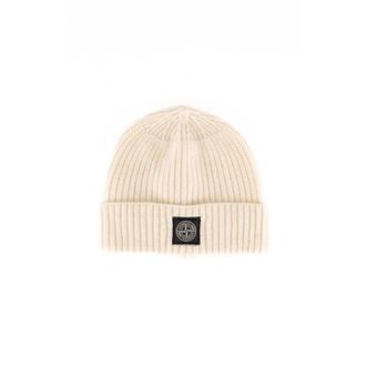 Stone Island Accessoires, Heren, Beige, L, Wol, Geribbelde wollen muts natuurlijk wit