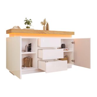 STILVORA Aparador Con 2 Puertas Y 3 Cajones Y Led, Acabado Brillo, Estilo Moderno, En Tablero, Blanco, 140&times;39&times;81 Cm