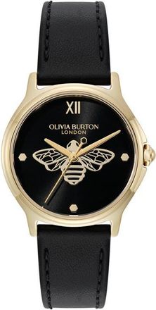 Olivia Burton Classic Bee Leather Strap Watch, 30mm in Black at Nordstrom
