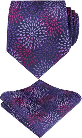 Alizeal Mens Floral Pattern Wedding Party Tie with Pocket Square 8cm Self-tied Necktie Set, Purple+Magenta+Lilac