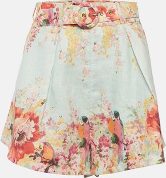Zimmermann Blue Floral Print Linen Belted Shorts