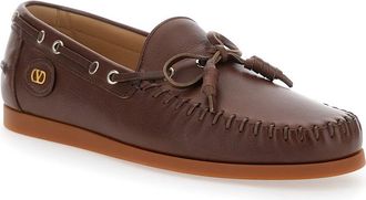 Valentino Garavani Mens Brown Leather Loafers With Vlogo Patch Buffalo