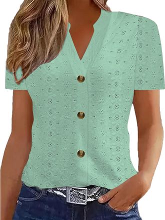 Generic Ladies Blouses, Vintage Floral Print Shirts Summer V Neck Short Sleeve Blouse Eyelet Embroidery T-Shirt Going Out Top for Women Causal Clothes Womens 