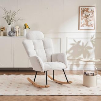 Direct Wicker Soft Teddy Fabric Tufted Upholstered Rocking Chair with Headrest in Ivory | Size: 1 Pack