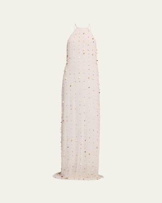 Bernadette Embellished Crinkled Viscose Halter Maxi Dress