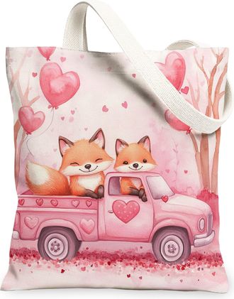Generic Valentines Day Fox Canvas Tote Bag for Shopping 13x15, Farmhouse Truck Animal Couple Reusable Grocery Print Pattern Bag for Women, Holiday Beach Aesth