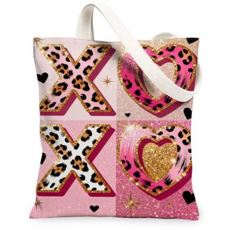 Generic ValentineS Day Animal Print Tote Bags, Heart Pattern Reusable Grocery Bags, Chic Glitter Lightweight Washable Canvas for T, Peach, 13x15 Inch