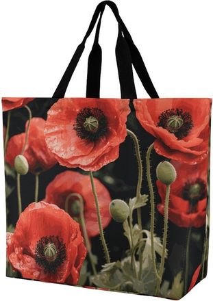 Generic Red Poppies Flowers Leaves Shoulder Bag Foldable Shopping Bag Lightweight Handbags For Beach Camping Daily Use