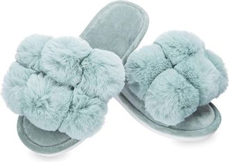 MeMoi Luxe Pom-Pom Open Toe Plush Slippers, Sea Blue, L