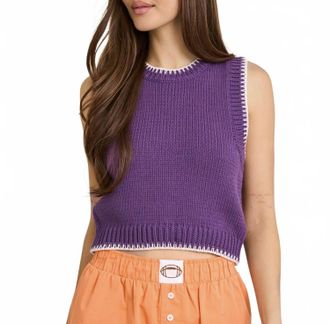 Le Lis Blanc Deux Sleeveless Crew Neck Stitching Detail Sweater Top In Purple